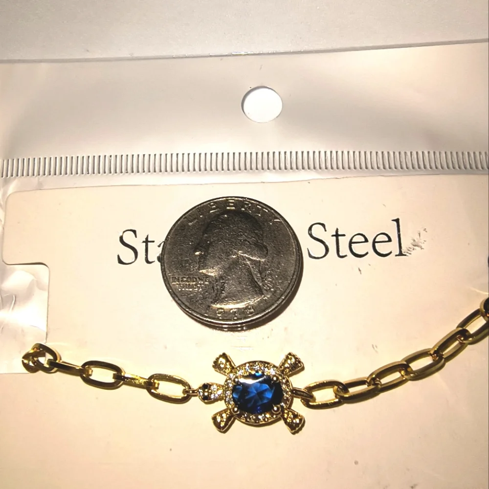 Cute Gold Tone Stainless Steel Bracelet w/ Blue Crystal Turtle